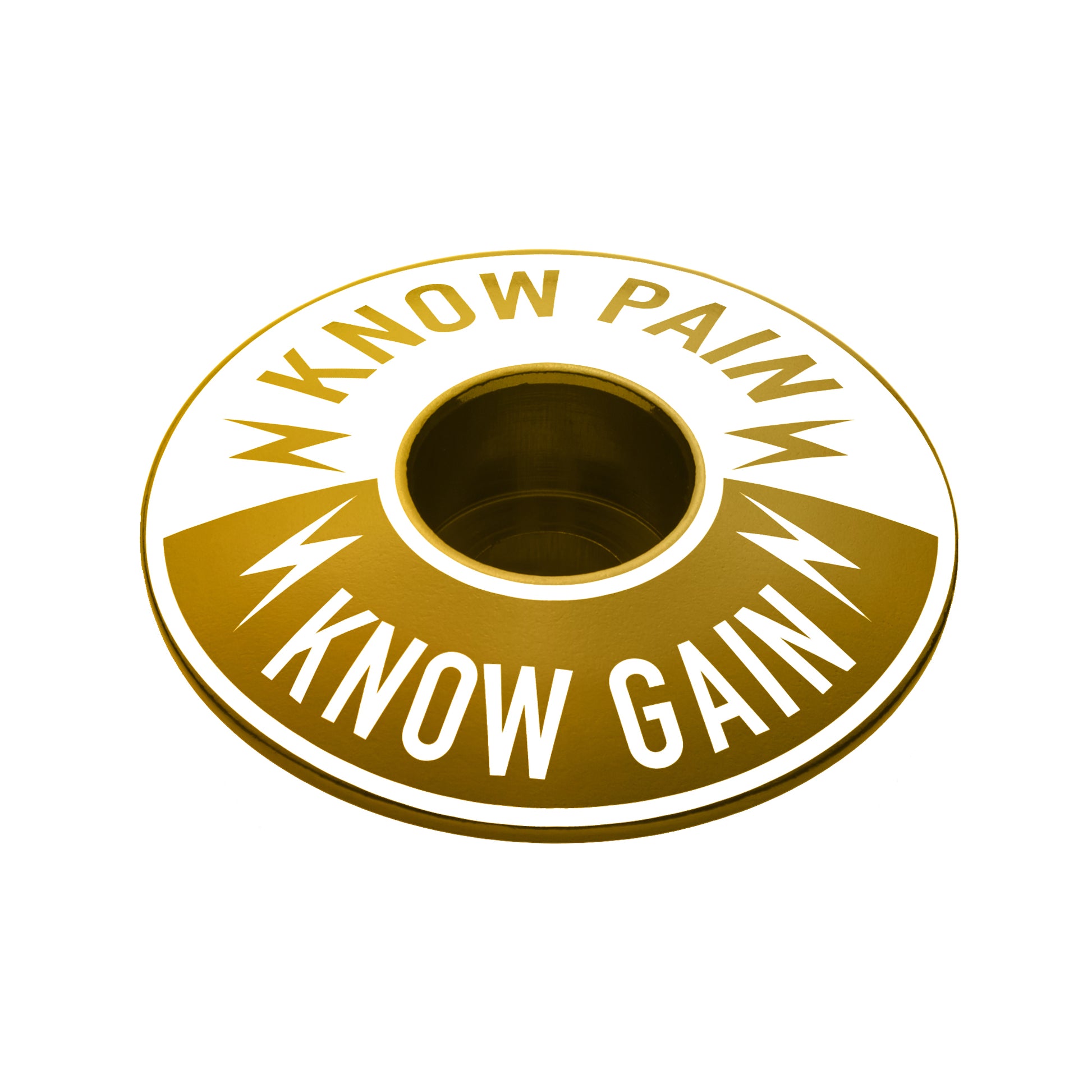 Gold Know Pain Know Gain bike headset top cover, made to fit 1 1/8" steerer tubes.
