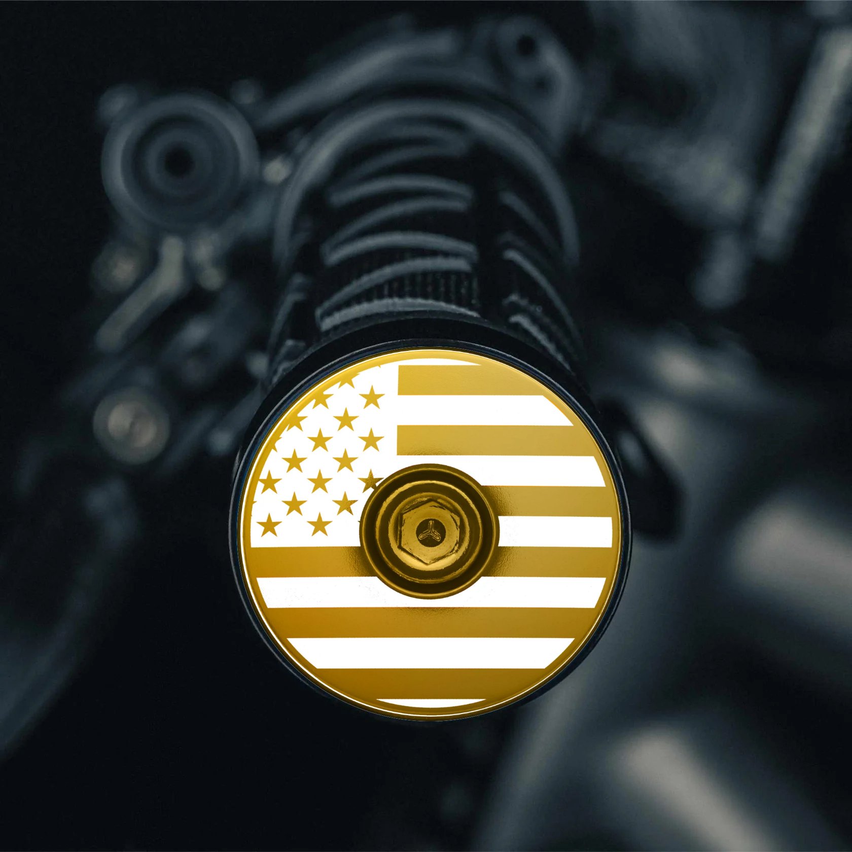 Gold bar end plugs mountain bike design featuring the American flag.
