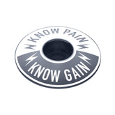 Gray Know Pain Know Gain headset cap, a reminder of inner strength for every cyclist