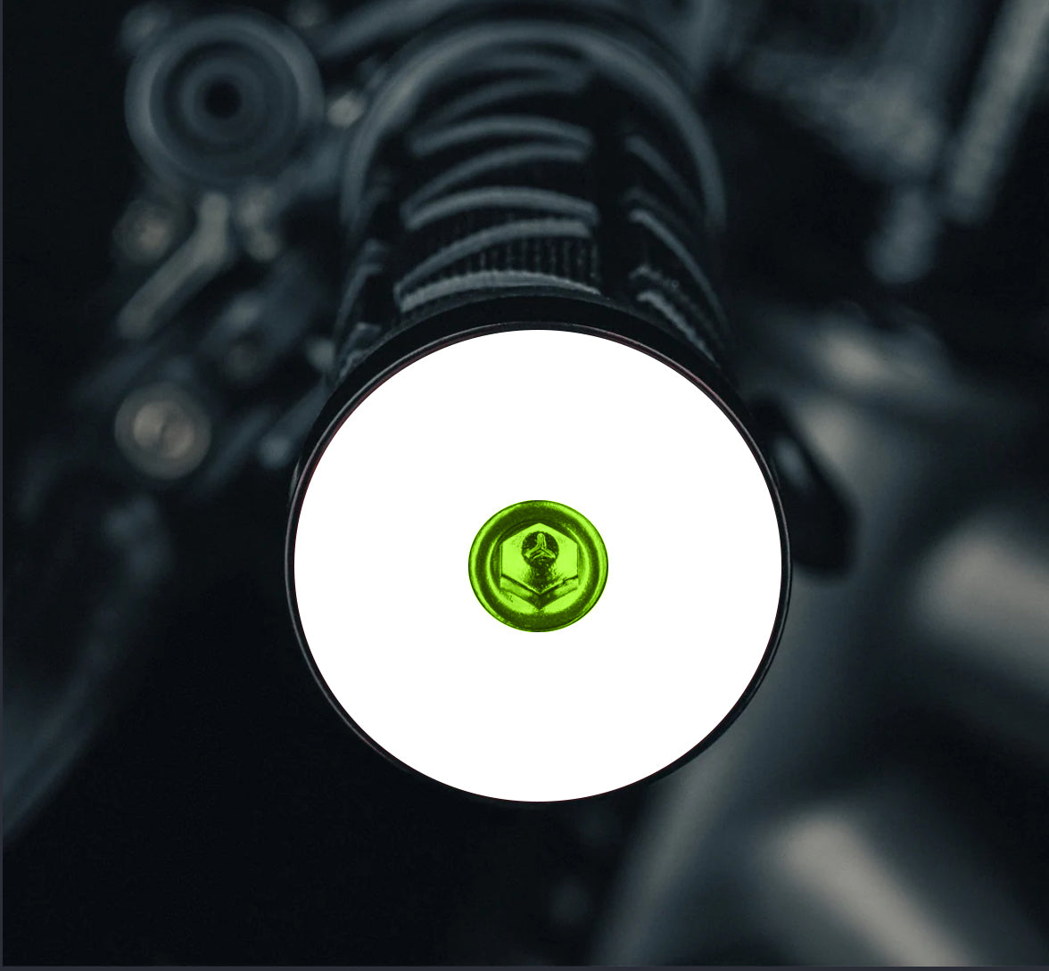Throwback White NO TEXT/IMAGE - Lime green mtb bar end plugs with headset cap and bolt for unique bike customization.