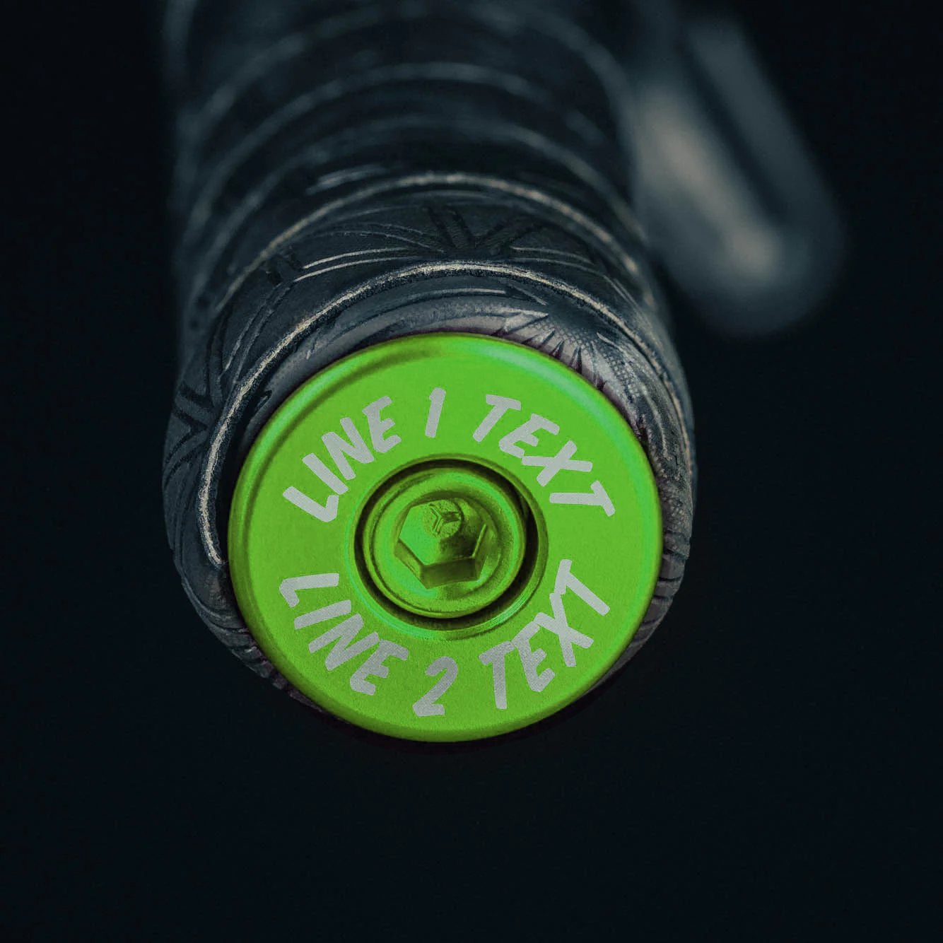 Lime green mtb bar end plugs with headset cap and bolt for unique bike customization.