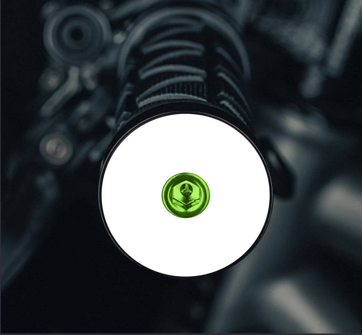 Throwback White NO TEXT/IMAGE - Lime green mtb bar end plugs with headset cap and bolt for unique bike customization.