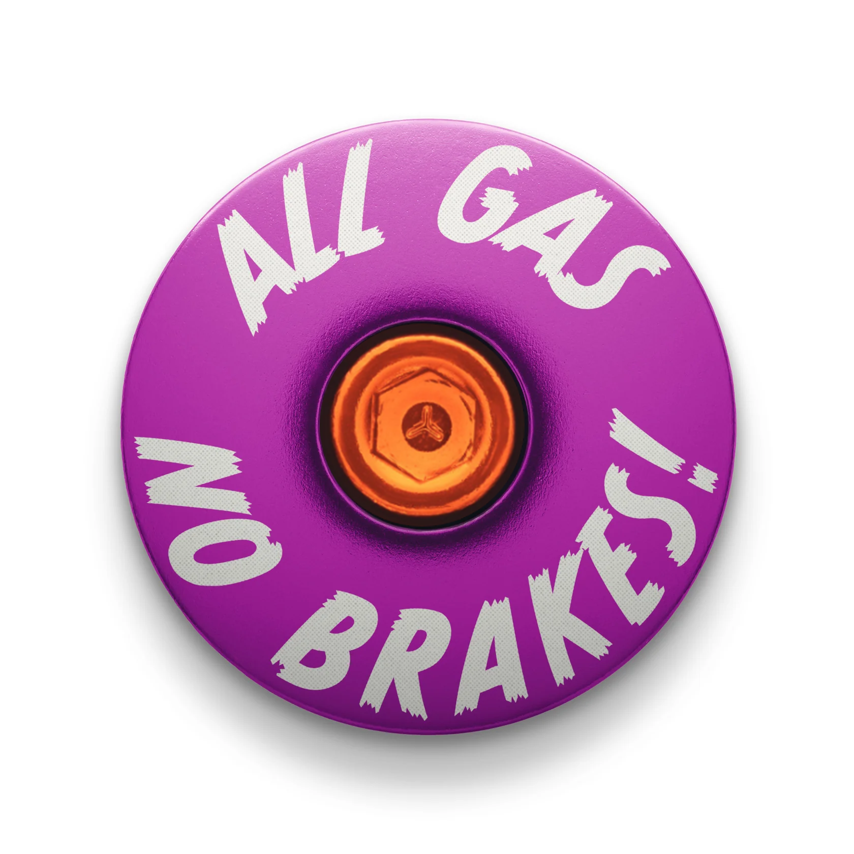 Purple custom stem cap with 'All Gas No Brakes' engraving for bike headset.