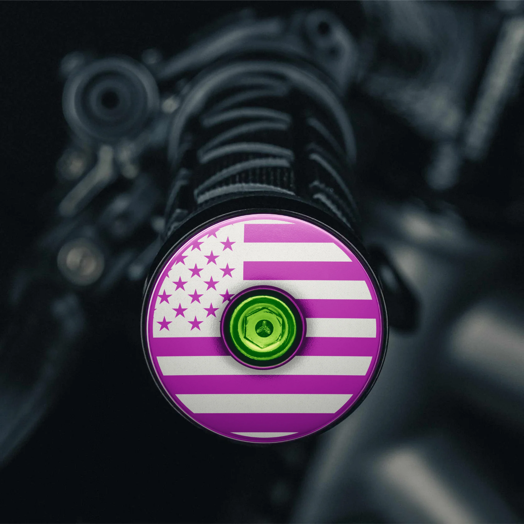 Purple mtb bar end plugs with an American flag for bold riders.