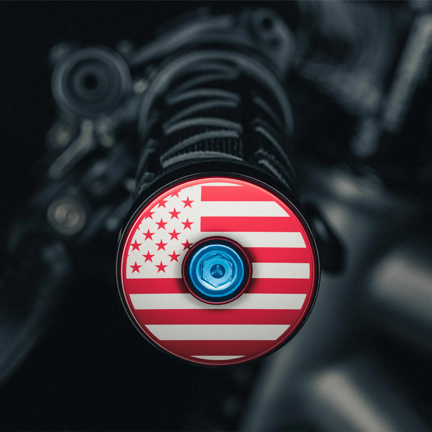 Red bicycle bar end plugs featuring the American flag for bikes.
