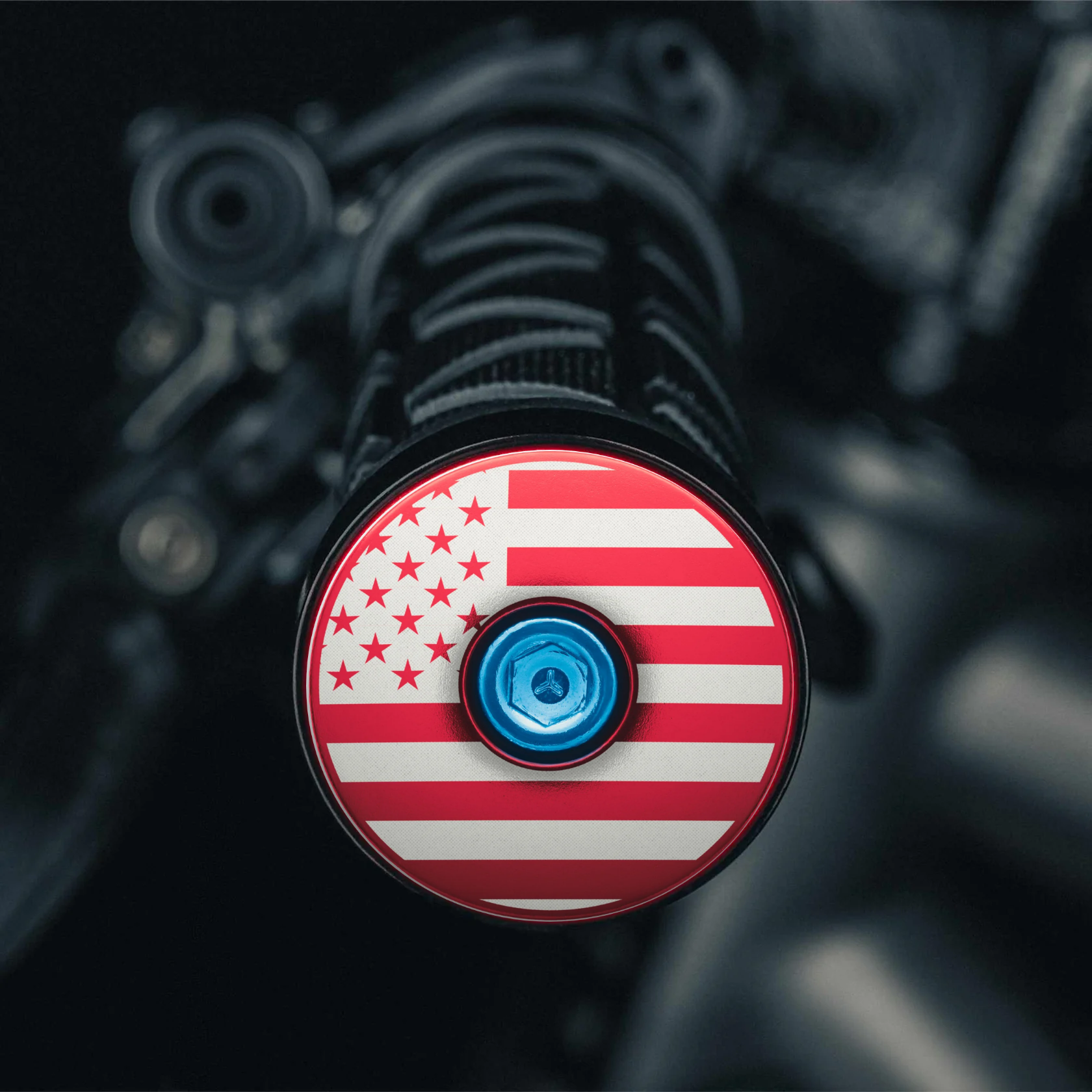 Red bicycle bar end plugs featuring the American flag for bikes.