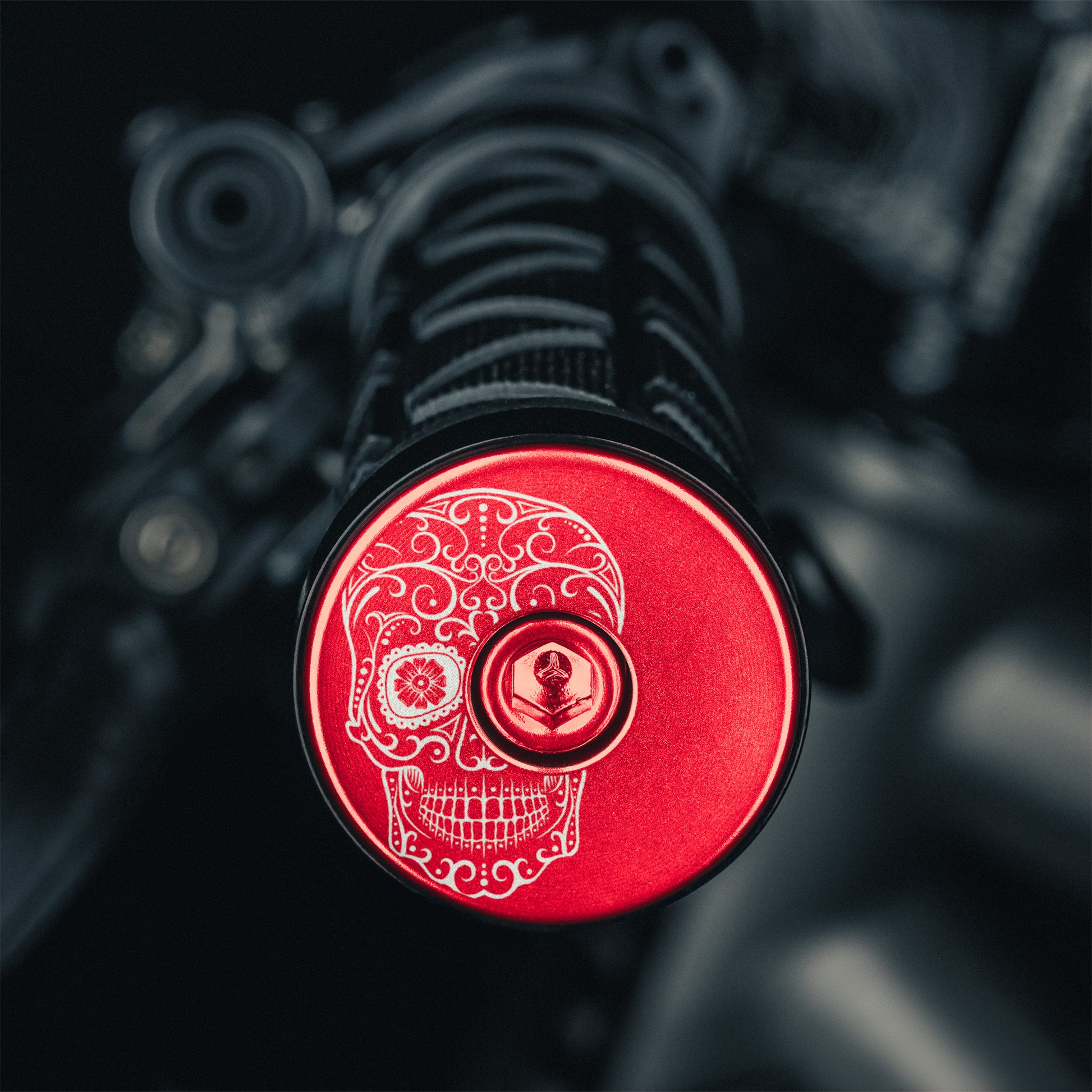Red bicycle bar end plugs for custom road or mountain bike setups.