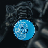 Sugar Skull Light blue bicycle bar end plugs compatible with MTB or road bikes.