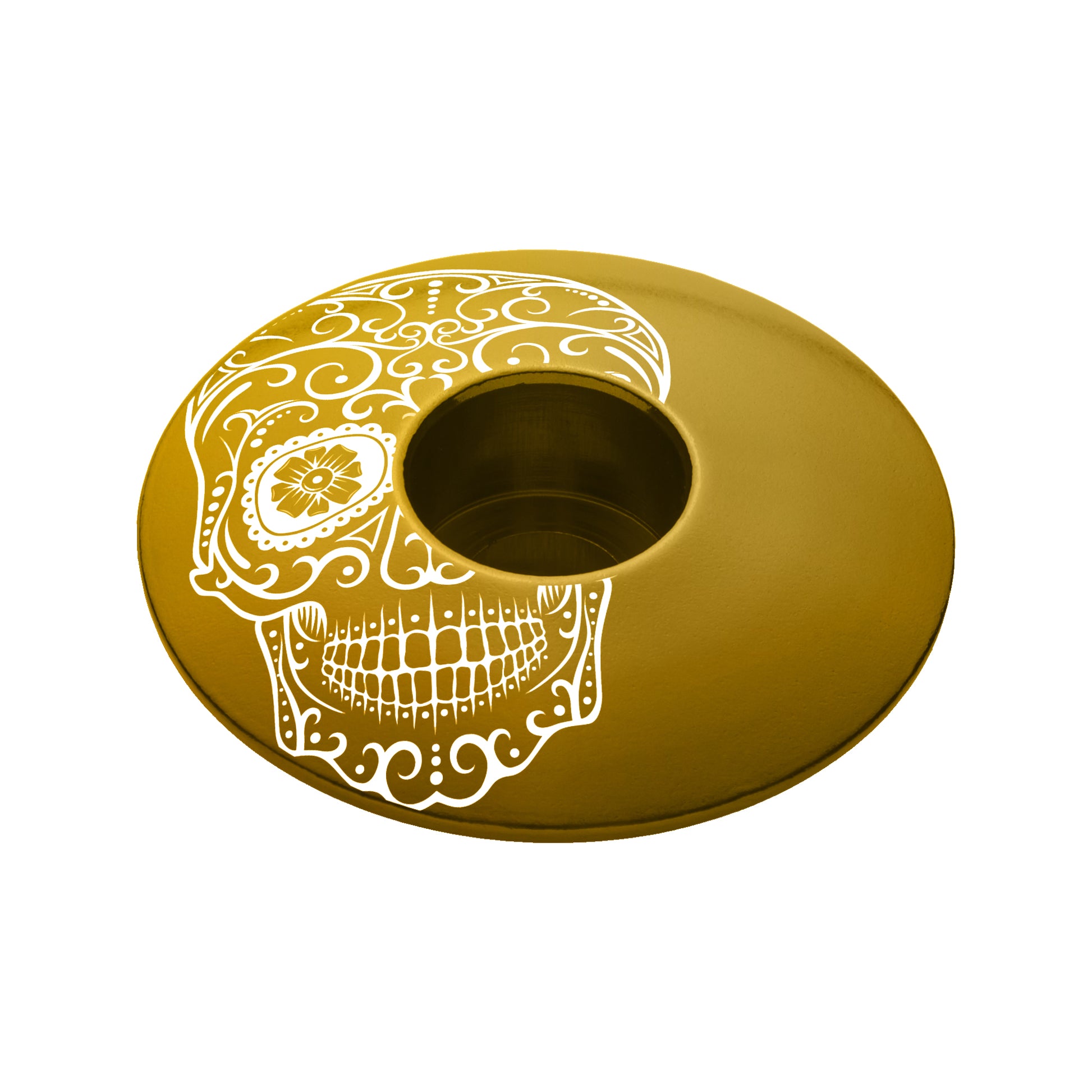Vía de Muertos gold bike headset cap, custom stem cap for cycling, bike components.