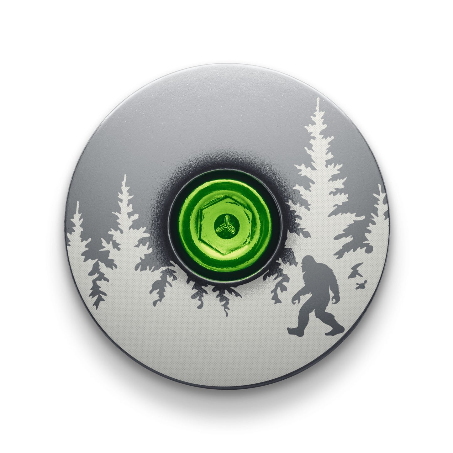 Gray bicycle top cap engraved with Bigfoot design for lightweight bike equipment.