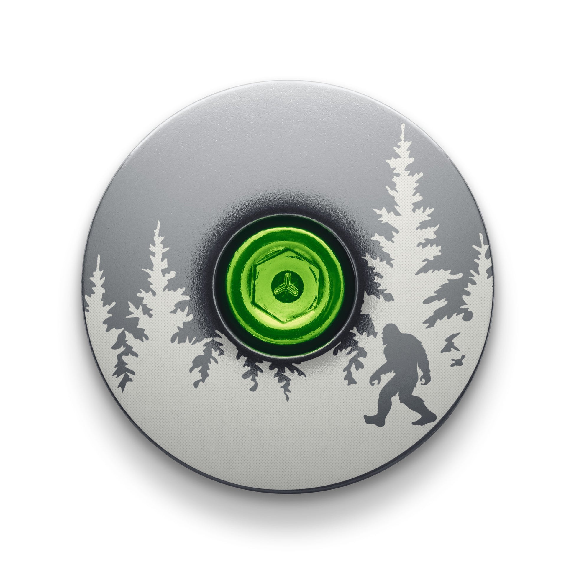 Gray bicycle top cap engraved with Bigfoot design for lightweight bike equipment.