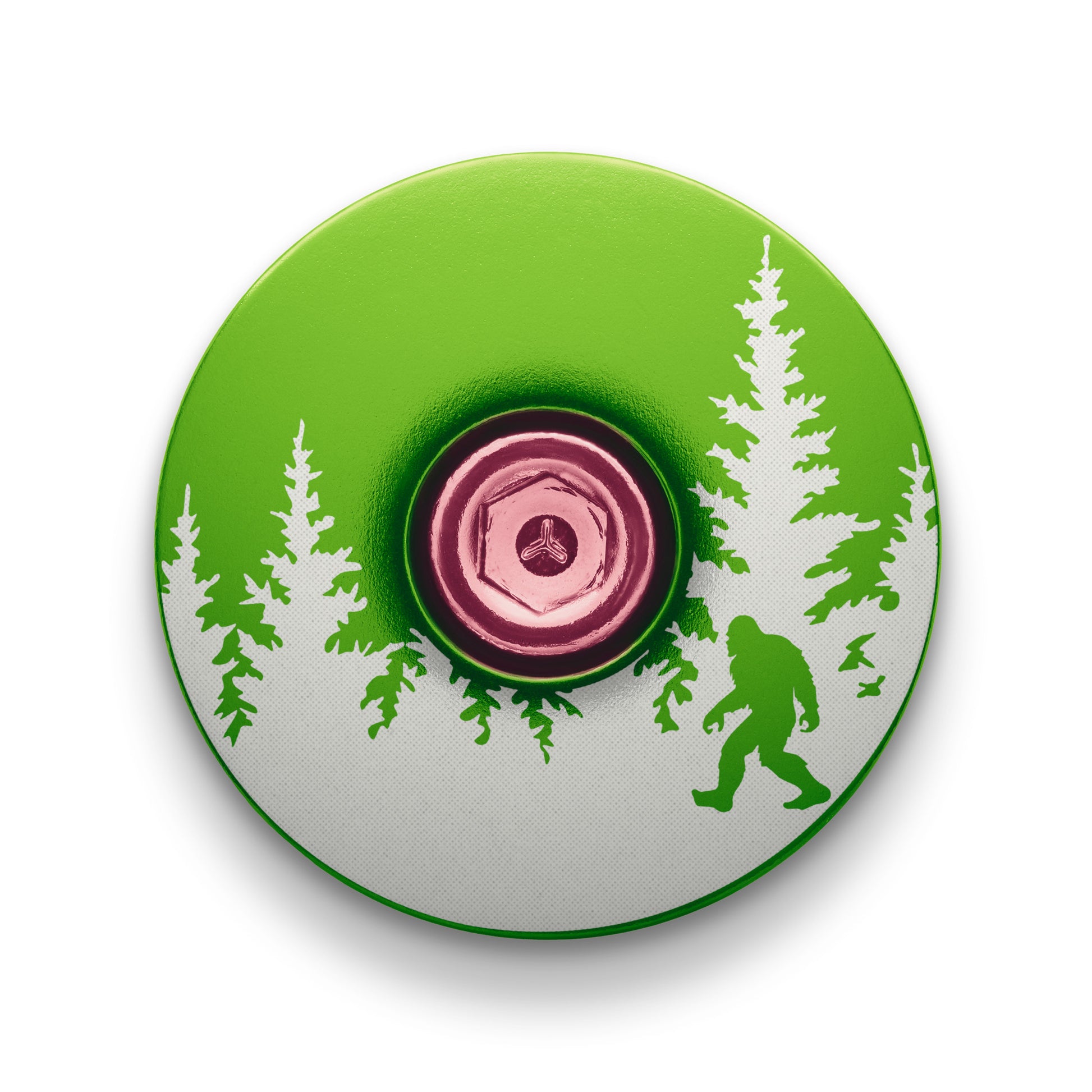 Lime green bicycle headset cap engraved with Bigfoot design for stylish mountain bike components.
