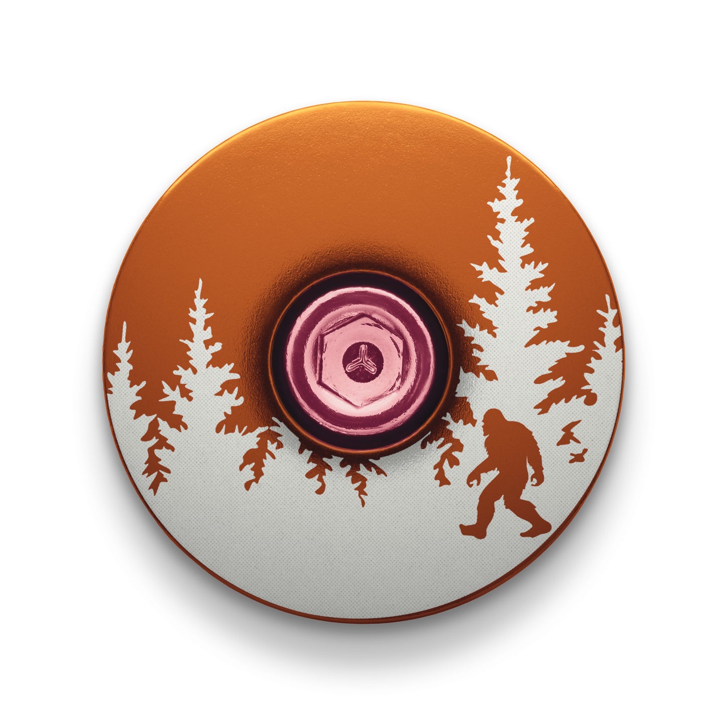 Brown stem cap with Bigfoot engraving ideal for custom bicycle accessories and bike equipment.