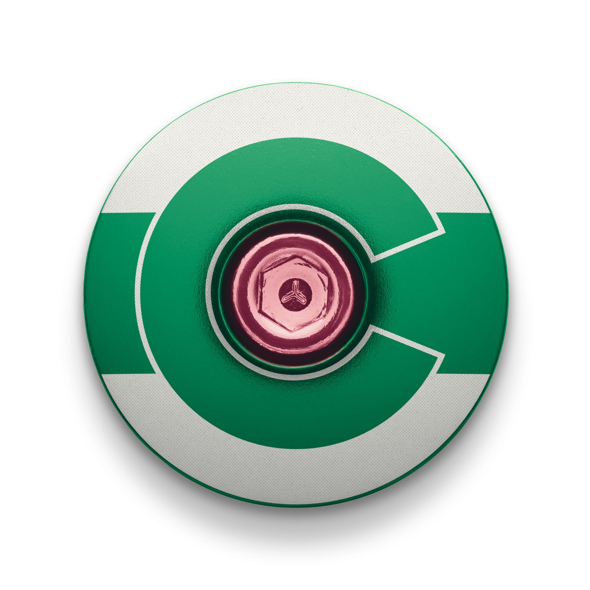 Dark green bicycle stem cap with a Colorado-inspired topcap design