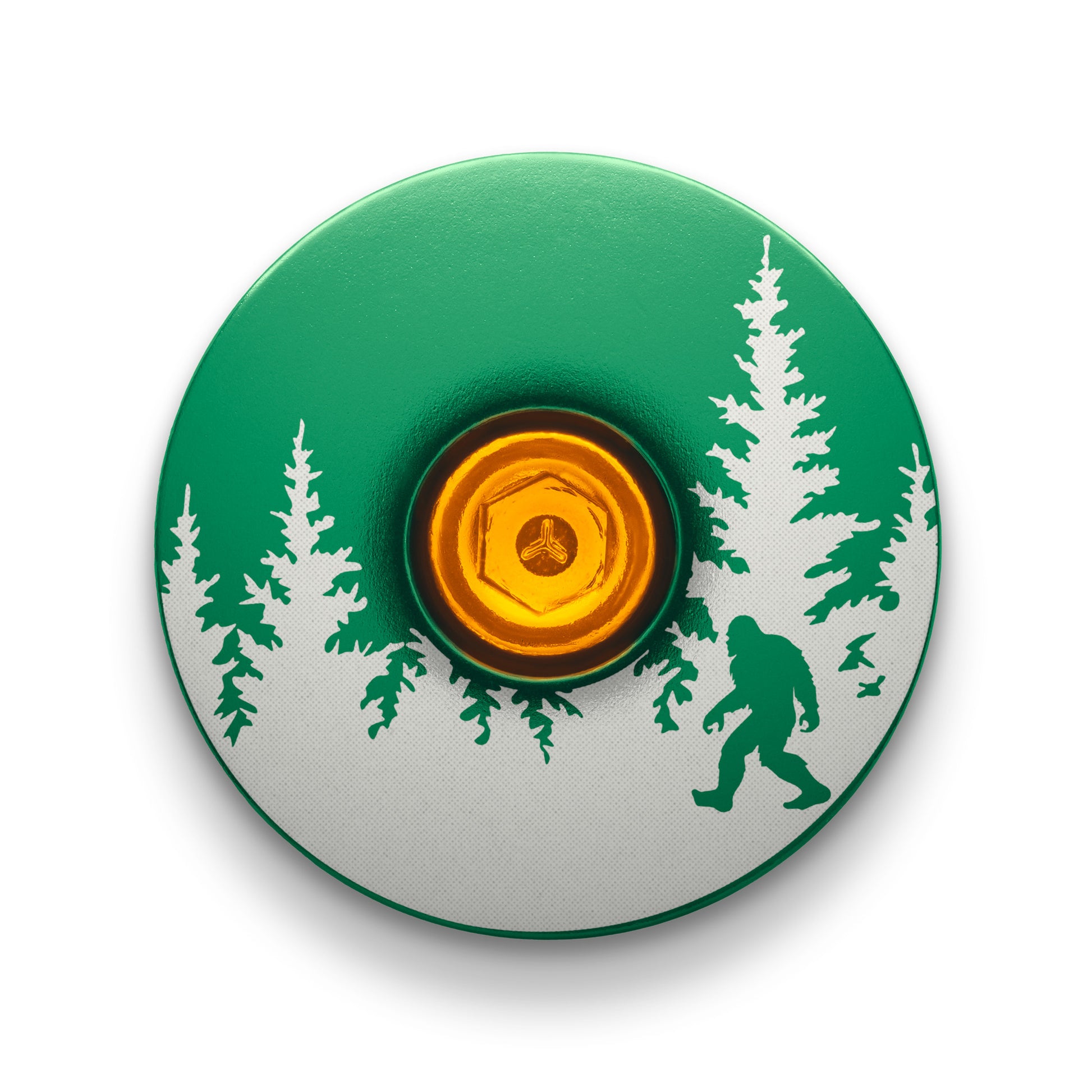 Dark green bike top cap engraved with a Bigfoot design for personalized cycling gear.