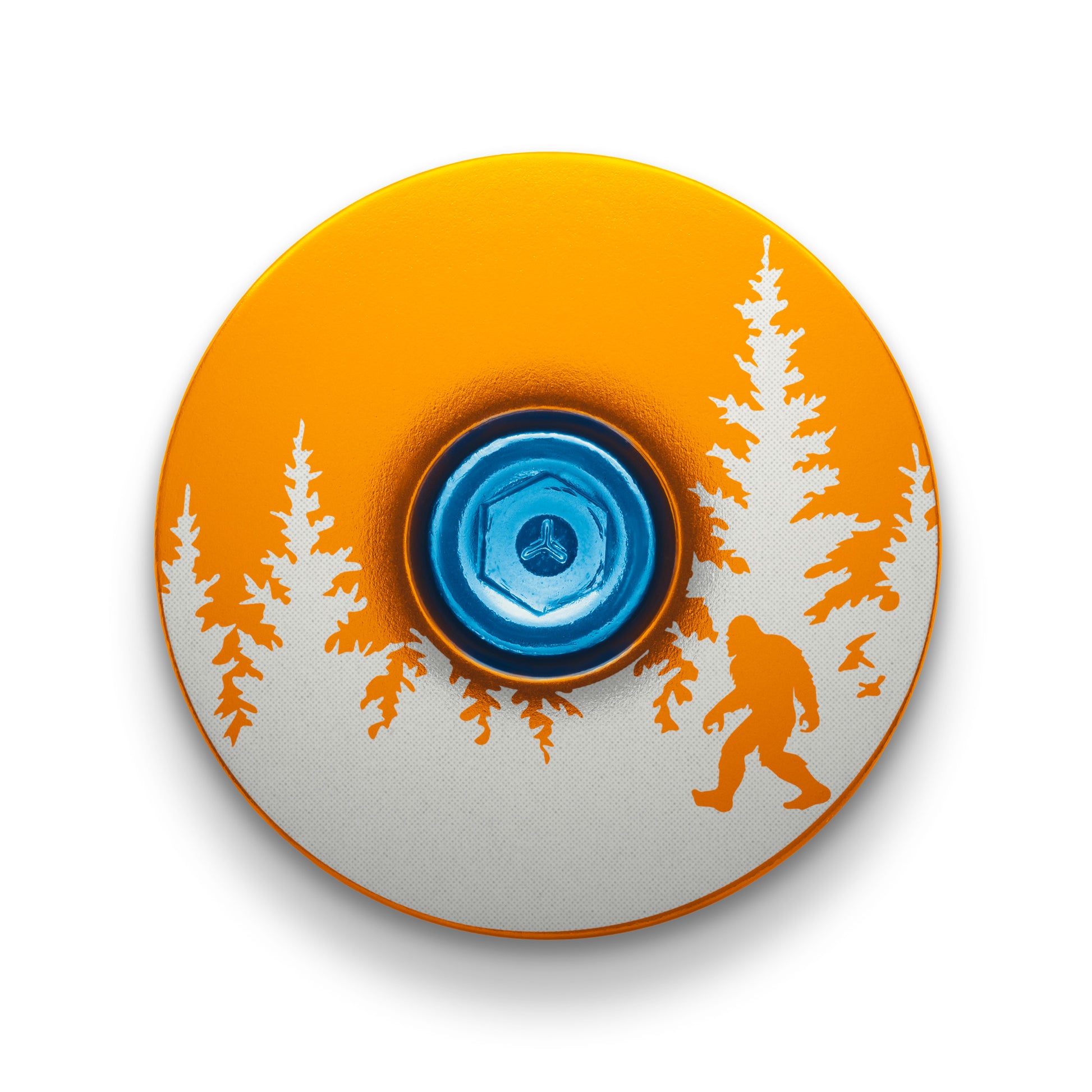 Orange headset top cap with Bigfoot design perfect for customizing your bike stem.