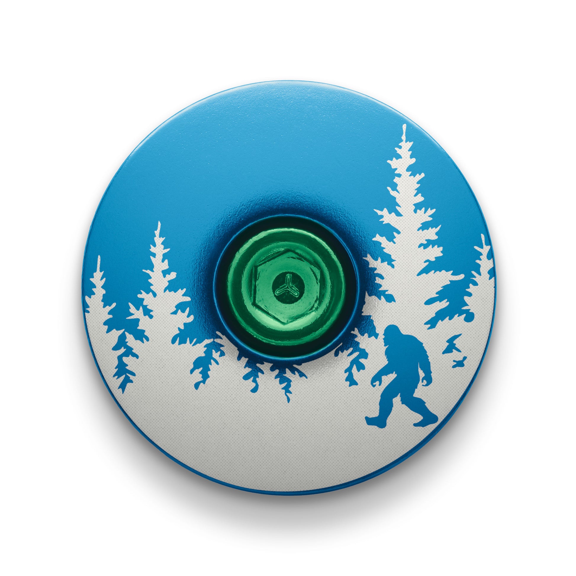 Blue bicycle headset cap featuring a Bigfoot design for mountain bikes and custom cycling top caps.