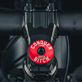 Conquer Your Inner Bitch Red bike headset top cover for enhancing your bike's style and showcasing custom bicycle accessories.