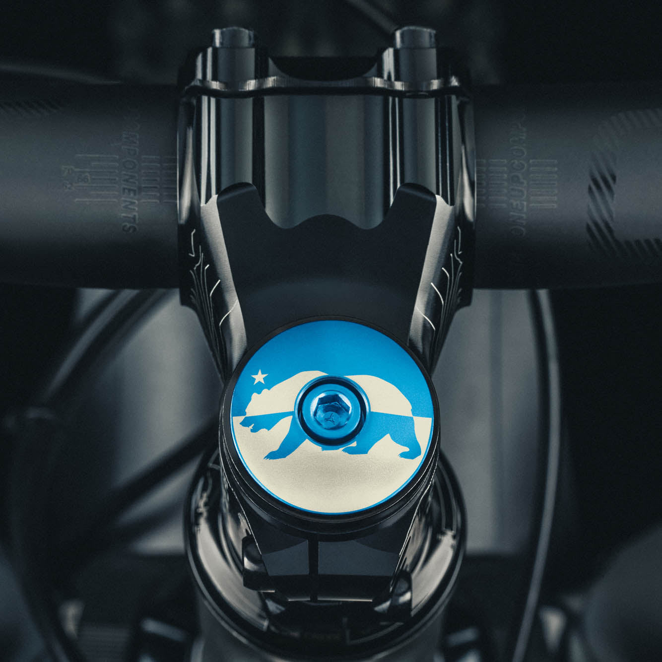 California Republic - Blue bicycle headset cap with personalized star and bear design for cycling accessories.