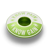 Lime green Know Pain Know Gain headset cap, designed for riders seeking strength and performance.