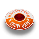 Orange Know Pain Know Gain stem cap made from lightweight 6061 aluminum for long lasting use.