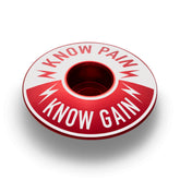 Know Pain Know Gain bike headset cap in red, a bold choice for riders focused on strength and performance.