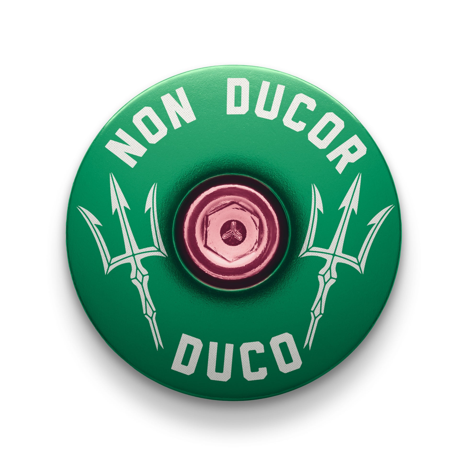 Dark green custom stem cap with "No Bad Rides" text for 1 1/8" bikes.