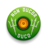 Non Ducor, Duco Custom Bicycle Headset Cap -  Lime green bike headset top cover showcasing "No Bad Rides" design.