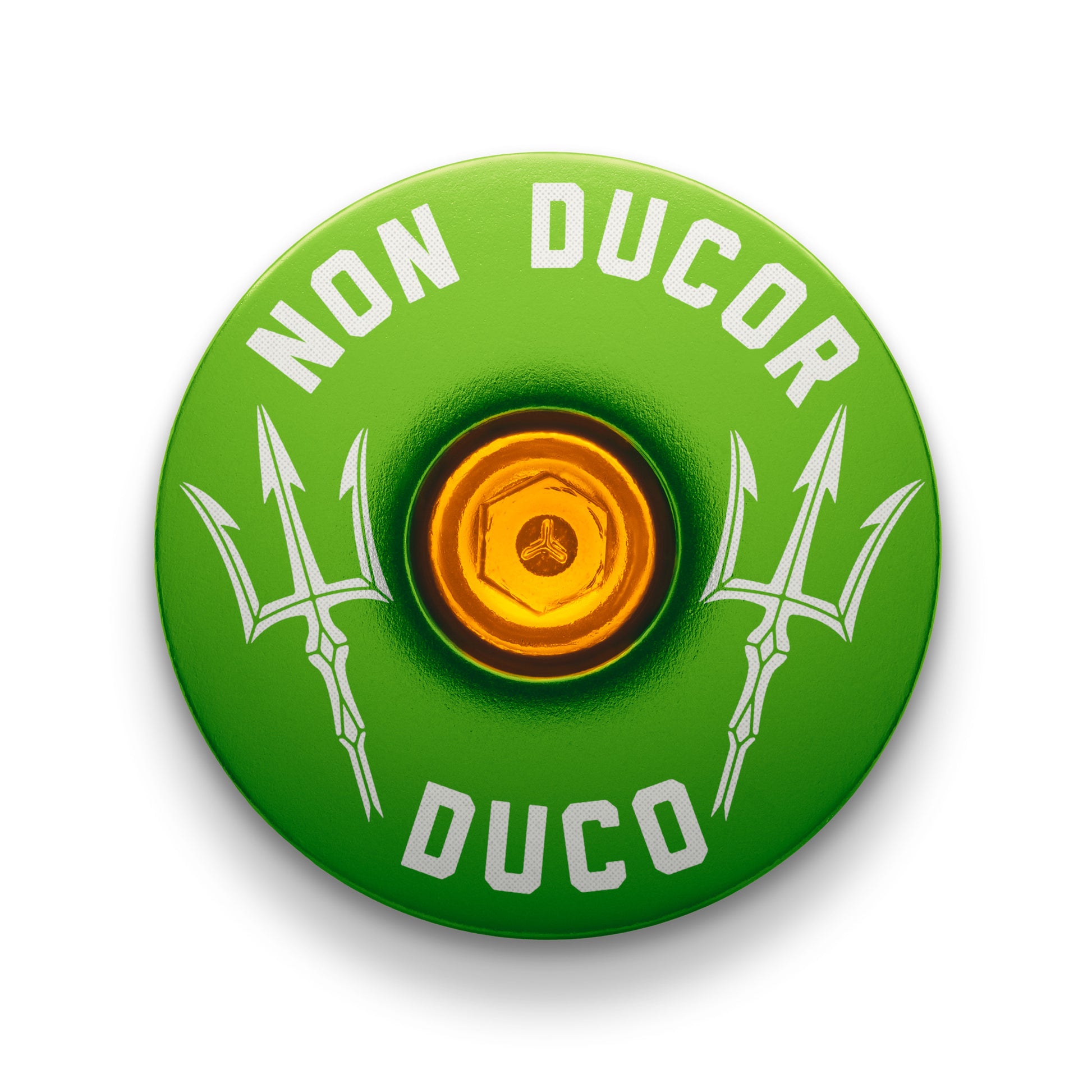 Non Ducor, Duco Custom Bicycle Headset Cap -  Lime green bike headset top cover showcasing "No Bad Rides" design.
