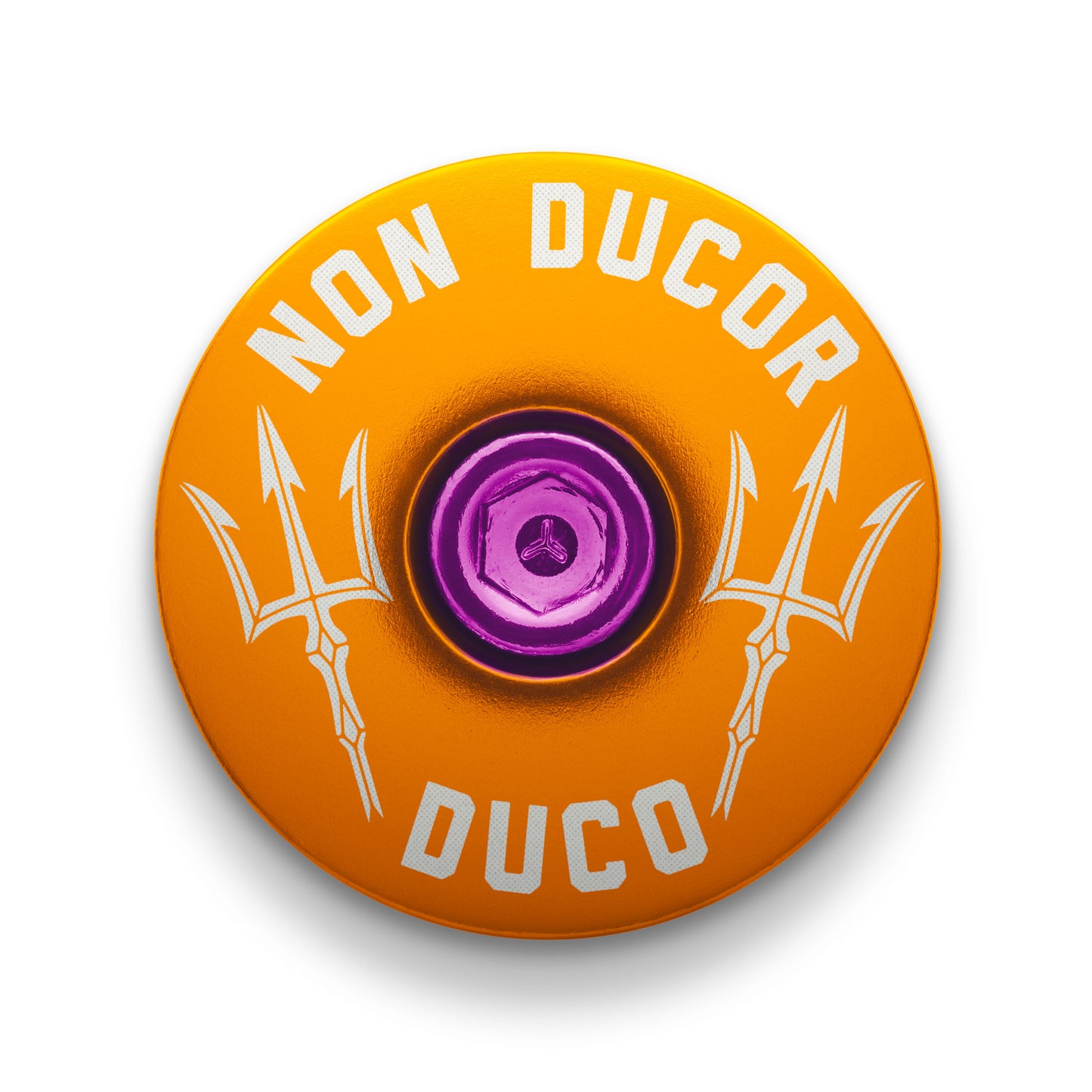 Non Ducor, Duco Custom Bicycle Headset Cap -  Orange bicycle stem cap with "No Bad Rides" message for 1 1/8" steerer tubes.