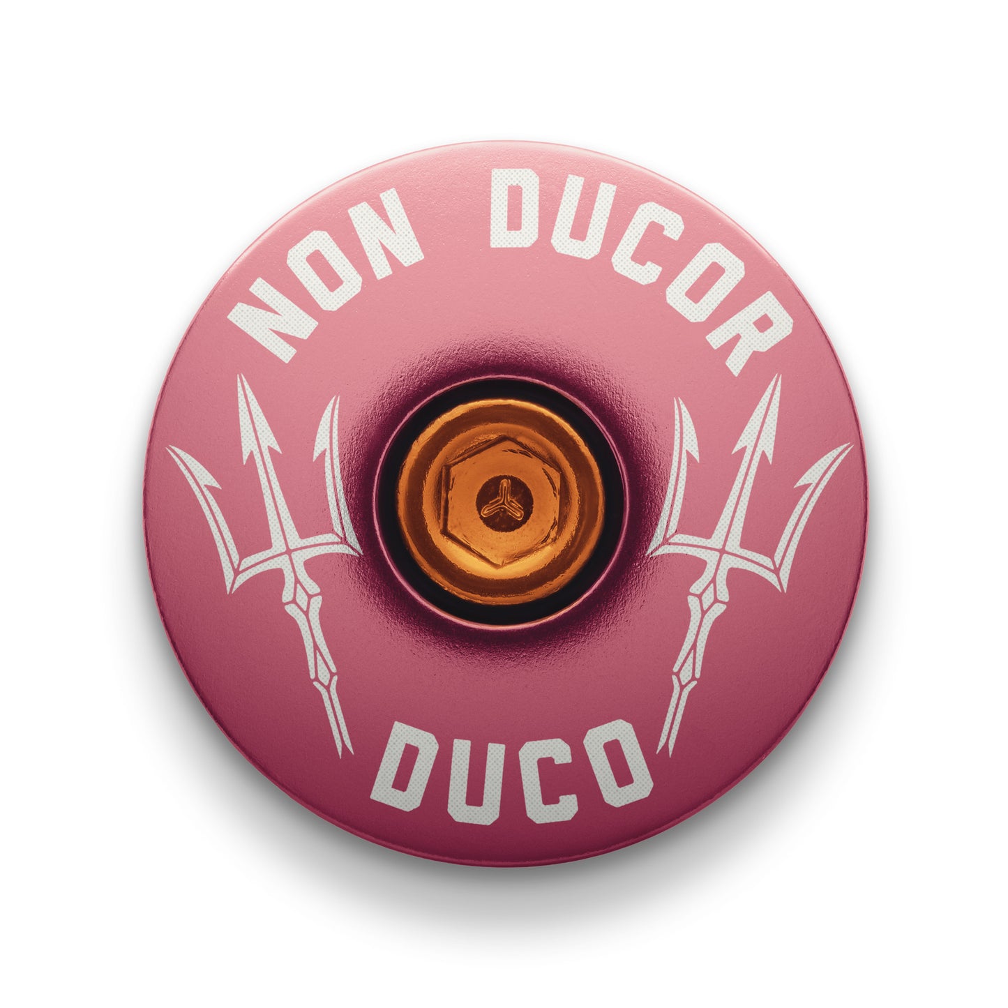 Non Ducor, Duco Custom Bicycle Headset Cap -  Pink stem top cap engraved with "No Bad Rides" for a meaningful bicycle upgrade.