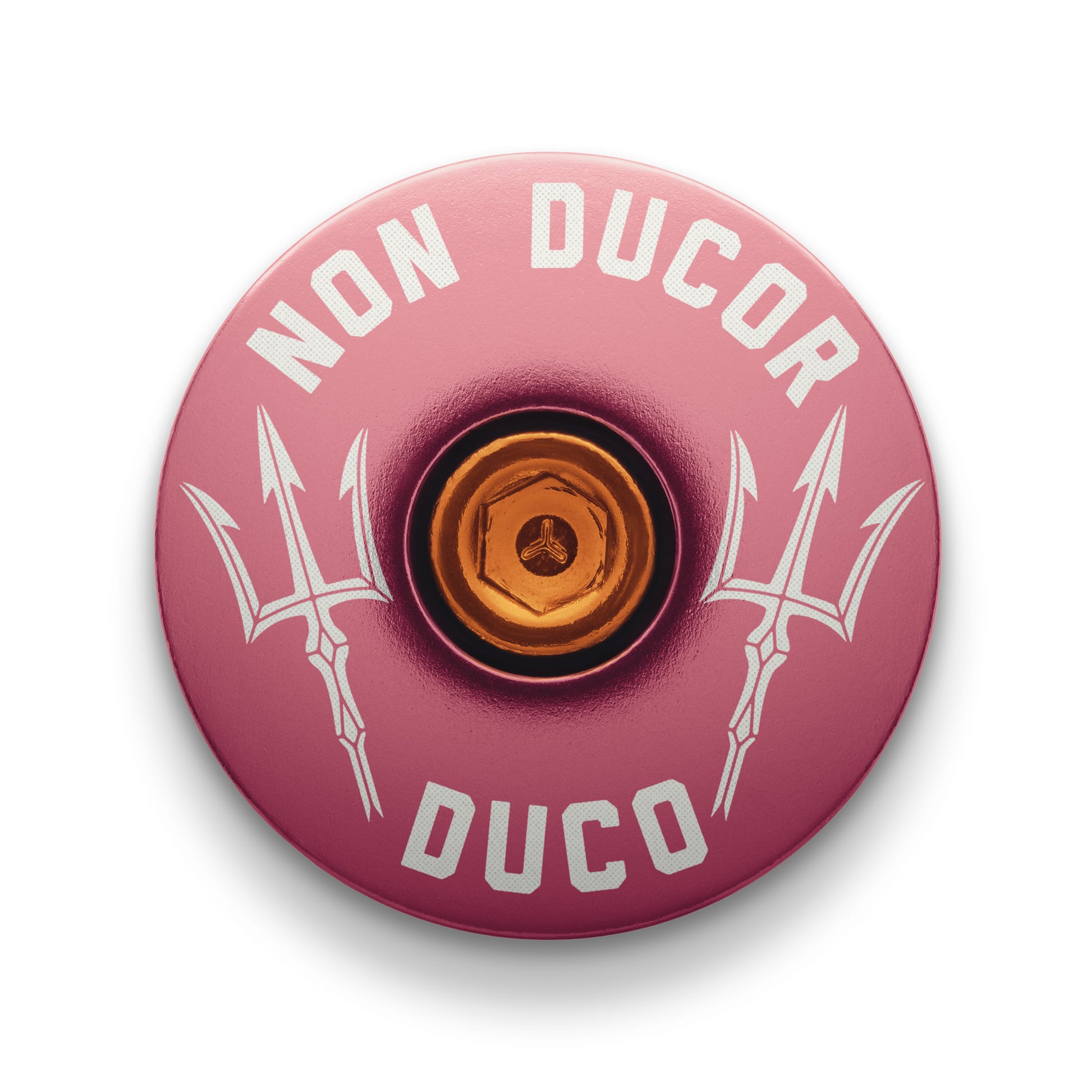 Non Ducor, Duco Custom Bicycle Headset Cap -  Pink stem top cap engraved with "No Bad Rides" for a meaningful bicycle upgrade.