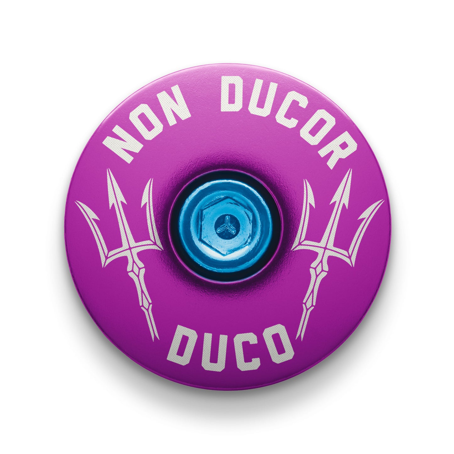 Non Ducor, Duco Custom Bicycle Headset Cap -  Purple bicycle top cap with "No Bad Rides" engraving for personal customization.