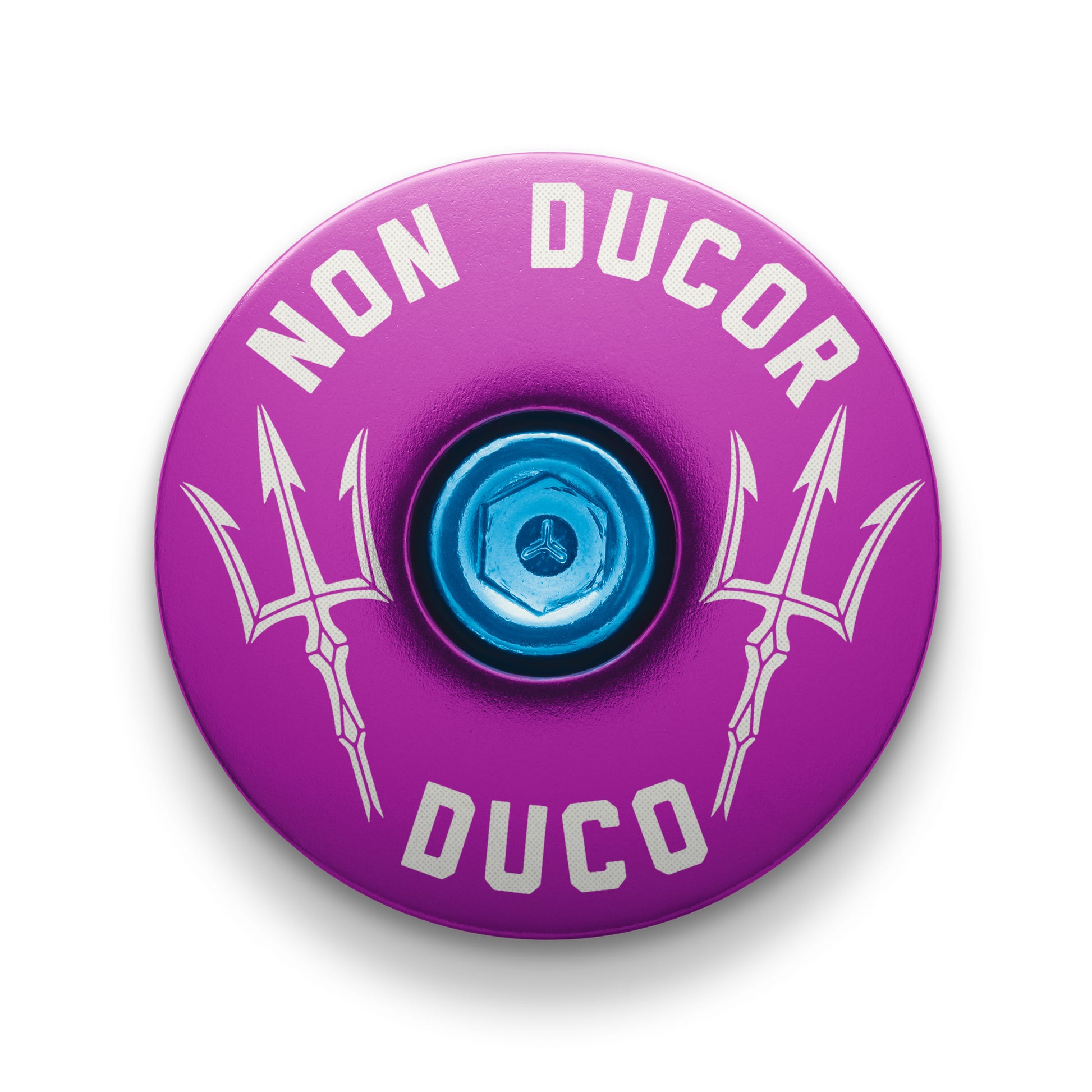 Non Ducor, Duco Custom Bicycle Headset Cap -  Purple bicycle top cap with "No Bad Rides" engraving for personal customization.
