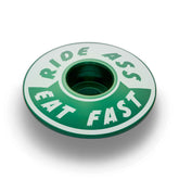 Dark green Ride Ass Eat Fast bike headset cap for 1 1/8 steerer tubes adds personality to your bicycle top cap.