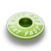 Lime green Ride Ass Eat Fast bike headset cap for 1 1/8 steerer tubes adds personality to your bicycle top cap.