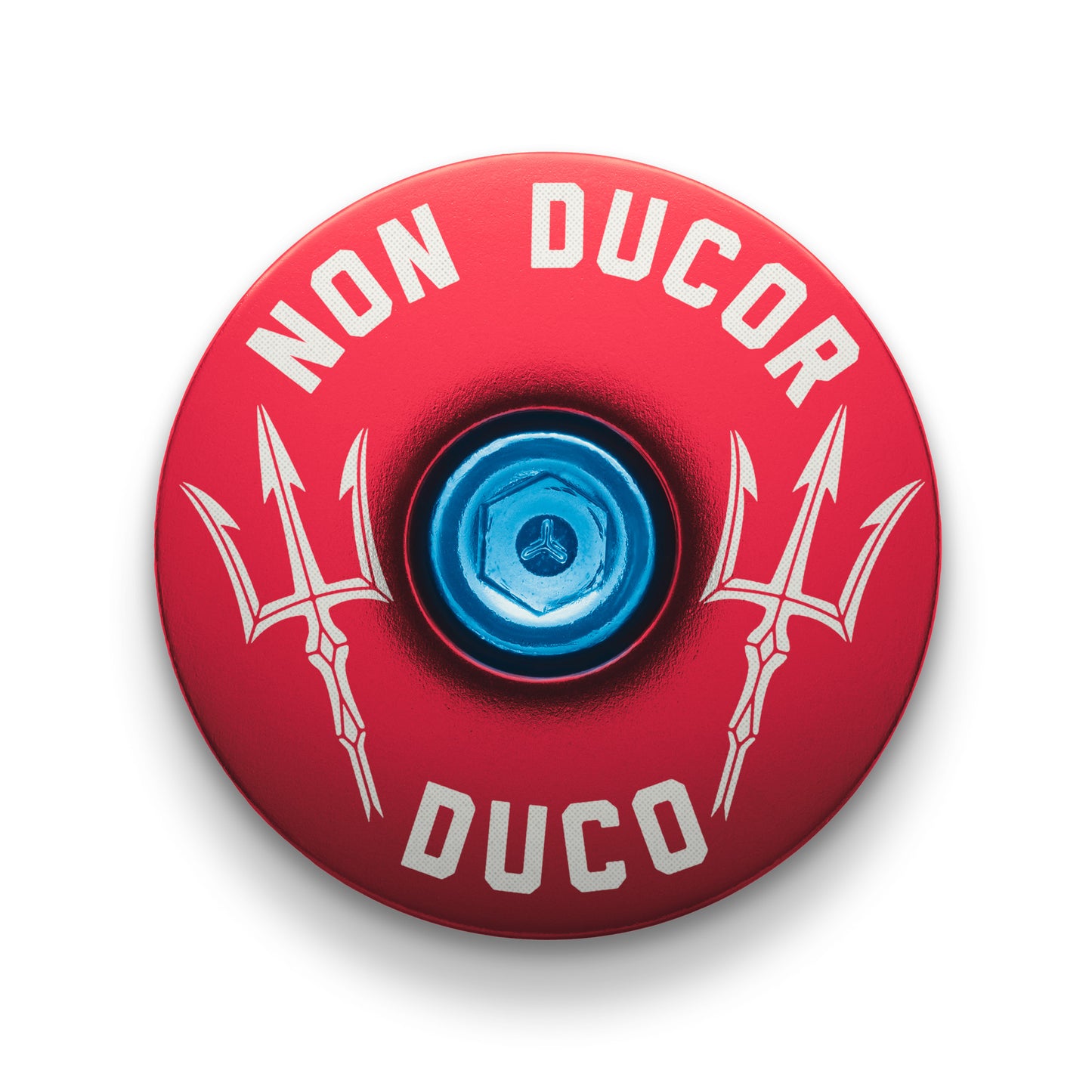 Non Ducor, Duco Custom Bicycle Headset Cap -  Red bike headset cap with "No Bad Rides" design for cycling customization.