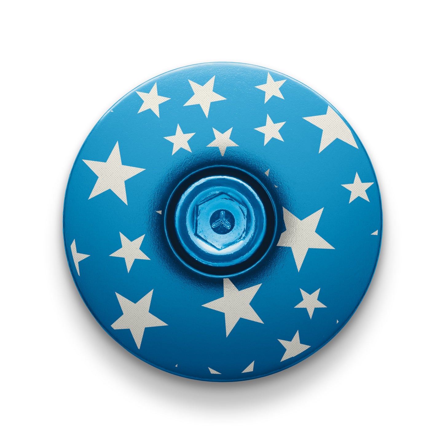 Star-patterned bike headset cap in blue, ideal for road and mountain bike customization.